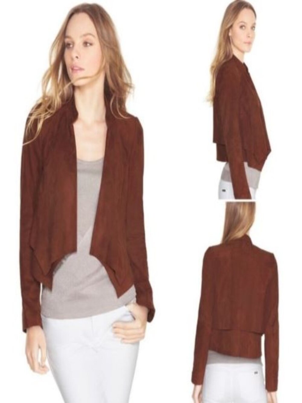 White House Black Market Suede Leather Cascade Lapel Jacket Mahogany Size XXS